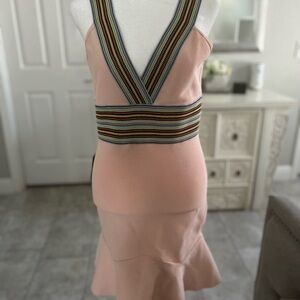 bebe Pink Strappy V-Neck Midi Dress with Multicolor Trim